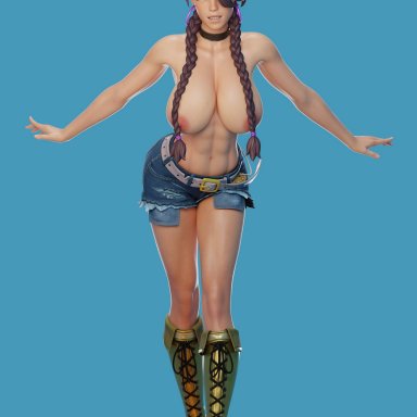 fortnite, cinder (fortnite), jabbi 2k, big breasts, boots, breasts, breasts bigger than head, choker, clothed, clothed female, clothing, female, female only, hair covering eye, hoop earrings