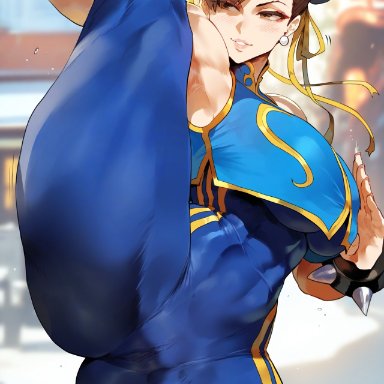 street fighter, street fighter 6, chun-li, meiogun, ass, bare shoulders, blue bodysuit, blush, bodysuit, breasts, brown eyes, brown hair, covered pussy, double bun, female