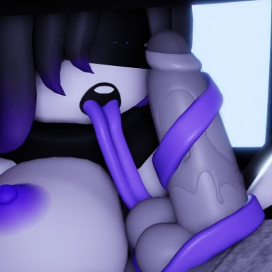 roblox, original character, robloxian, unnamed character, rusmynth, 1boy, 1girls, areolae, balls, breasts, close-up, long tongue, nipples, oral, penis