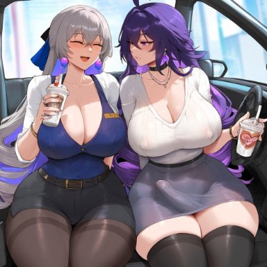 honkai: star rail, bronya rand, bronya zaychik, seele (honkai: star rail), racerai, 1girls, 2girls, bulge grab, bulge through clothing, erection under clothes, futanari, yuri, ai generated