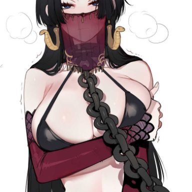 one piece, boa hancock, mr.skull, ratatatat74, 1girls, afraid, arms under breasts, belly dancer, belly dancer outfit, big breasts, bikini, black hair, blue eyes, chain leash, chained