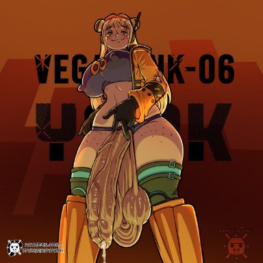 one piece, vegapunk york, hashimiro takahi, 1futa, erect nipples, erect nipples under clothes, excessive foreskin, excessive scrotal skin, freckles, futa only, futanari, gigantic penis, huge balls, huge breasts, huge cock