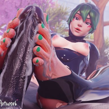 overwatch, overwatch 2, kiriko (overwatch), kanjiartwork, kanjihentai, cum, cum on body, cum on feet, dark-skinned male, feet, feet focus, feet on penis, foot fetish, foot focus, footjob