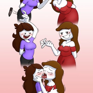 jaiden animations, jaidenanimations, let me explain studios, youtube, jaiden, rebecca parham, mannysdirt, 2girls, brown hair, clothed, drawing on face, dress, female, female focus, female only