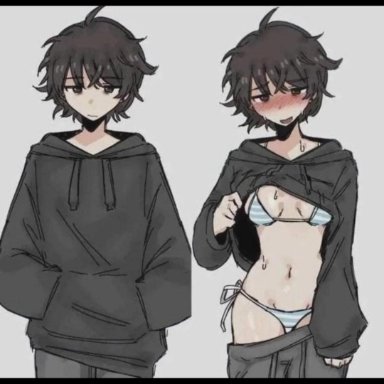 original character, snale (04119 snail), 1girls, belly, belly button, bikini, blush, blushing, brunette, drawstring, embarrassed, emo, eyebrows visible through hair, hoodie, hoodie lift