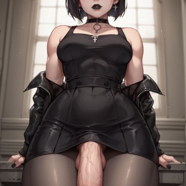 original character, secret room12, big hips, black hair, black lipstick, choker, female, futa only, futanari, goth, goth futa, goth girl, gothic, pantyhose, penis