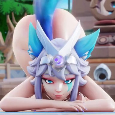 paladins, io (paladins), vora (paladins), yazanios, 2girls, animal ears, animal tail, ass, ass shake, blue eyes, blue tail, face down ass up, female, female focus, female only