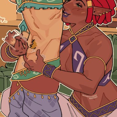 breath of the wild, nintendo, the legend of zelda, gerudo, gerudo link, link, gekk 0, gekkonsfw, 1boy, 1girls, bigger female, dark skin, dark skinned female, dominant female, domination