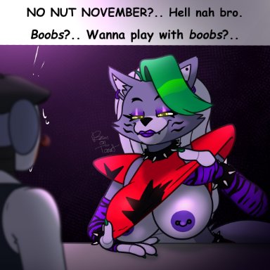 five nights at freddy's, roxanne wolf (fnaf), beanontoast, anthro, big breasts, furry, furry female, green hair, grey fur, grey hair, lifting shirt, one breast out, piercing, purple earrings, purple nipples