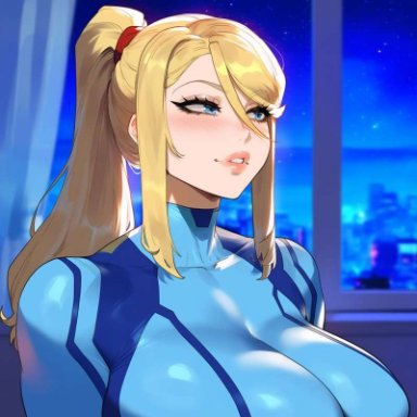 metroid, nintendo, samus aran, creamy ai, big breasts, bimbo, blonde hair, blue eyes, breasts, eyelashes, female, female focus, female only, full body, tight clothing