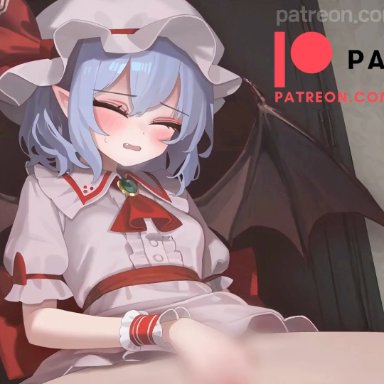 embodiment of scarlet devil, touhou, remilia scarlet, henkawa, against wall, ascot, bat wings, blinking, blue hair, blush, bottomless, bouncing breasts, bow, closed mouth, clothed masturbation