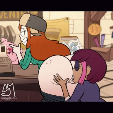 disney, gravity falls, tambry, waddles, wendy corduroy, semidraws, 2girls, ass, biting lip, bottomless, female only, hands on ass, licking, licking ass, looking back