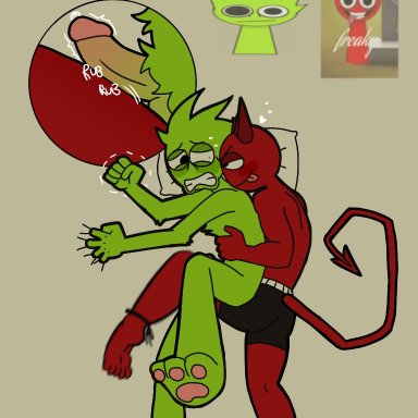 incredibox mod, sprunki, lime (sprunki), owakcx (sprunki), raddy (sprunki), red (sprunki), 2boys, demon horns, fuck ai, gay, green fur, green skin, knee between legs, male only, pawpads