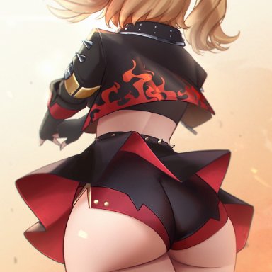 zenless zone zero, burnice white, 1girls, ass, black jacket, black shorts, black skirt, black thighhighs, blonde hair, crop top, female, from behind, jacket, midriff, miniskirt