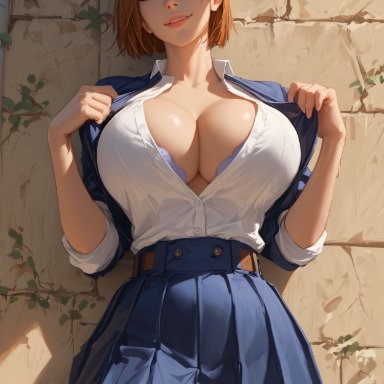 jujutsu kaisen, kugisaki nobara, euskyart, against wall, big breasts, bra, bra peek, open clothes, open shirt, pantyhose, presenting breasts, school uniform, uniform, ai generated