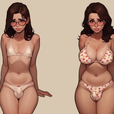 1boy, 1futa, big breasts, bikini, black eyes, breasts, brown hair, bulge, crossdressing, embarrassed, femboy, feminine male, futanari, glasses, long hair