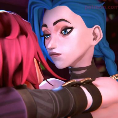 arcane, league of legends, arcane jinx, arcane vi, jinx (league of legends), vi, vi (league of legends), seejaydj, 2girls, almost kissing, blue hair, clothed, female, female only, hugging