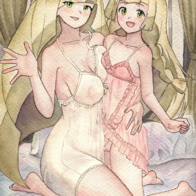 pokemon, lillie (pokemon), lusamine (pokemon), big breasts, incest, mother and daughter, older woman and teenage girl, small breasts, yuri