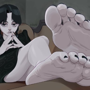 halloween, the addams family, wednesday (netflix), wednesday addams, staerk, 1girls, barefoot, black eyes, black hair, black nails, black toenails, feet, female, foot fetish, goth