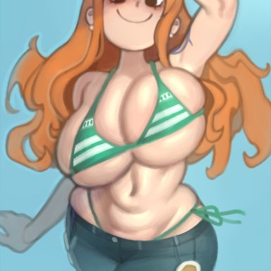 one piece, nami, kelvin hiu, 1girls, bikini top, breasts, curvy, curvy figure, female, female only, huge breasts, jeans, orange hair, solo, standing