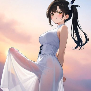 1futa, big penis, dress, erection, futanari, looking at viewer, no panties, solo, solo futa, transparent clothing, viewed from below, ai generated