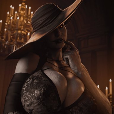 resident evil, resident evil 8: village, alcina dimitrescu, pillowfun, big breasts, bra, busty, cleavage, glowing eyes, hat, huge breasts, lingerie, massive breasts, mature female, milf