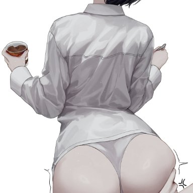 original, original character, tsukasa erin, tsukasa karin, gwan-e, 2girls, arched back, ass, ass focus, ass grab, black hair, clothes, clothing, collared shirt, eating