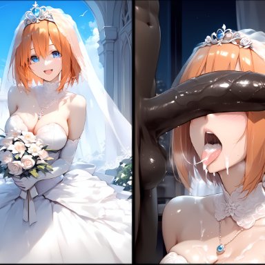 go-toubun no hanayome, nakano yotsuba, kiss-shot, 1boy, 1girls, after fellatio, bride, cheating, cheating wife, dark skin, dark-skinned male, large penis, large testicles, netorare, ntr