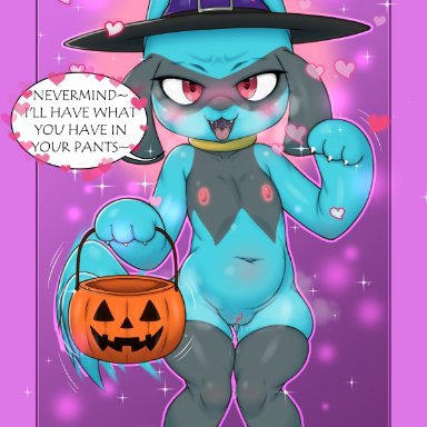 halloween, holidays, nintendo, pokemon, generation 4 pokemon, pokemon (species), riolu, ultama lokshar (artist), anthro, areola, blue body, blue fur, blush, blush lines, bodily fluids