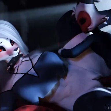 helluva boss, loona (helluva boss), moxxie (helluva boss), littleslice-sfm, 1boy, 1girls, anthro, anus, areola, ass, big ass, big breasts, big thighs, breasts, demon