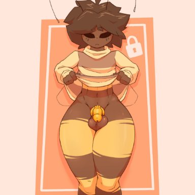 mazus (tinysmallman), tinysmallman, antennae (anatomy), anthro, arthropod, balls, bee, black eyes, bottomless, brown body, brown hair, chastity cage, chastity device, clothed, clothing