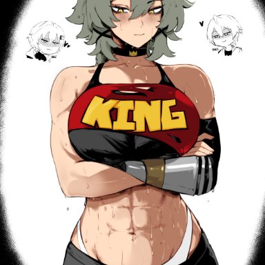 zenless zone zero, belle (zenless zone zero), caesar king, caesar king (zenless zone zero), wise (zenless zone zero), masoq095, !?, 1boy, 2girls, abs, accessory, athletic, athletic female, choker, green hair