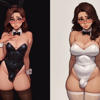 claire (truep81), 1boy, 1futa, androgynous, big breasts, black bunnysuit, black thighhighs, brown hair, bunnysuit, crossdressing, femboy, feminine male, feminization, futanari, glasses