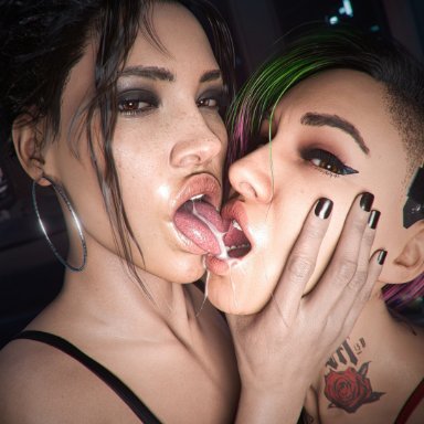 cyberpunk 2077, judy alvarez, panam palmer, checkpik, 2girls, black bra, black hair, black nail polish, brown eyes, bun hair, cat eyeliner, close-up, cum, cum dripping from mouth, cum kiss