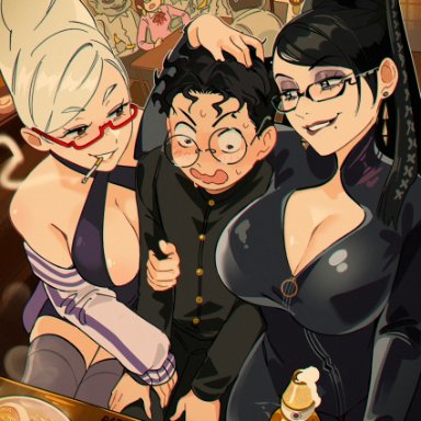 bayonetta, dandadan, ayase momo, ayase seiko, bayonetta (character), takakura ken (okarun), snegovski, 1boy, 2girls, ass, big ass, big breasts, big penis, big tits, couple (romantic)