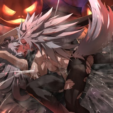 halloween, vshojo, wolftreya, zentreya, zentreya (werewolf), zentreya (witch), firudo (field), 1futa, 1girls, bodysuit, canid, canid humanoid, canine, canine humanoid, cum in pussy