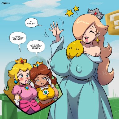 mario (series), nintendo, super mario bros., super mario galaxy, luma, princess daisy, princess peach, princess rosalina, joaoppereiraus, 3girls, ass cleavage, big breasts, big lips, block, blocks