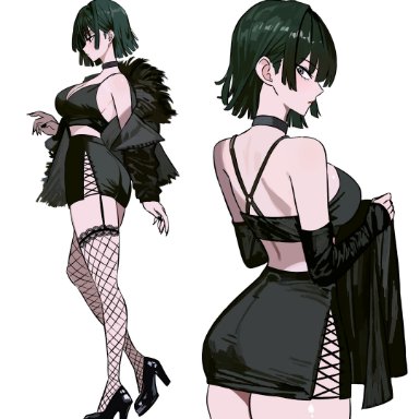 one-punch man, fubuki (one-punch man), zeon (zzeeonn), alternate costume, ass, black background, black choker, black footwear, black nails, black skirt, breasts, choker, cleavage, crop top, female