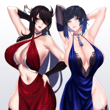 genshin impact, beidou (genshin impact), yelan (genshin impact), cero rains, 2girls, armpit, big breasts, black hair, blue hair, dress, eyepatch, tagme