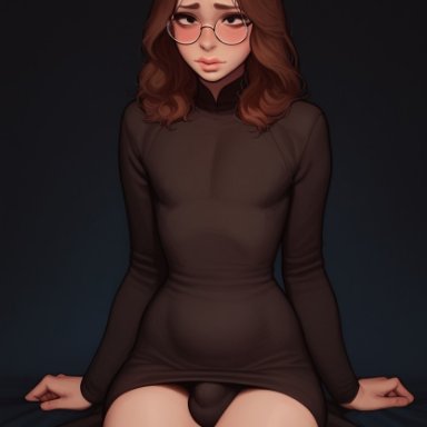 claire (truep81), truep81 (artist), 1boy, androgynous, black dress, black eyes, black panties, brown hair, bulge, crossdressing, femboy, feminine, feminine male, girly, glasses