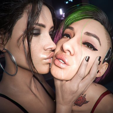 cyberpunk 2077, judy alvarez, panam palmer, checkpik, 2girls, black bra, black hair, black nail polish, brown eyes, bun hair, cat eyeliner, cheek kiss, close-up, cum, cum dripping from mouth