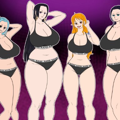 blacked, one piece, boa hancock, nami, nami (one piece), nefertari vivi, nico robin, hemoglobin 56, 4girls, anime, big breasts, blacked clothing, breasts, clothed, clothed female