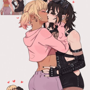 original, oc, original character, dashi art, 2girls, black hair, blonde hair, couple, crop top, female, female only, fishnet legwear, fishnets, girlfriends, goth