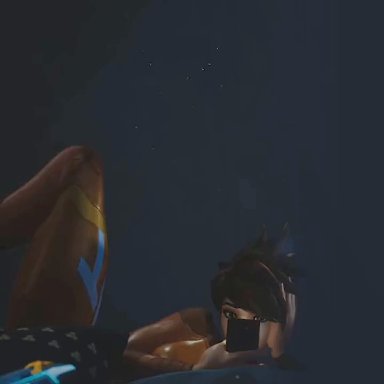 overwatch, lena oxton, tracer, artist request, fully clothed, phone, thick thighs, tight clothing, 3d, animated, music, sfw, tagme, video