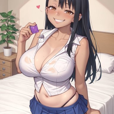 please don't bully me, nagatoro, hayase nagatoro, momodart, 1futa, black hair, breasts, brown eyes, condom, condom in hand, condom on penis, futanari, huge, huge breasts, looking at viewer, miniskirt