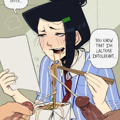 intern trap (ruru-raida), oc, ruru-raida, androgynous, black hair, clothed male, cum, cum on food, embarrassed, food, multiple penises, trap, text