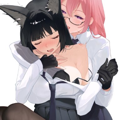 zenless zone zero, hoshimi miyabi, tsukishiro yanagi, 2girls, assertive female, bite mark, black hair, blush, breast grab, closed eyes, female, femdom, glasses, grabbing another's breast, groping