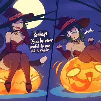 halloween, giidenuts, annoyed, bell, cat collar, cat tail, moon, night, orange body, revealing clothes, slime, smile, smiling, smug, smug face