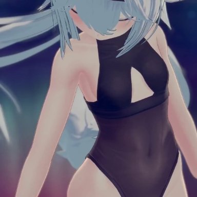 vrchat, filian, filian (vtuber), filiannevr, belly, belly button, cleavage cutout, closed eyes, dancing, female, hip sway, one-piece swimsuit, see-through, see-through swimsuit, small boobs