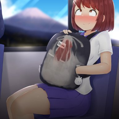 shoko haine (ftnranat), ftnranat, 1futa, backpack, balls, big penis, blush, breasts, brown hair, clothed, clothing, crazy eyes, crazy smile, cum, cum inside